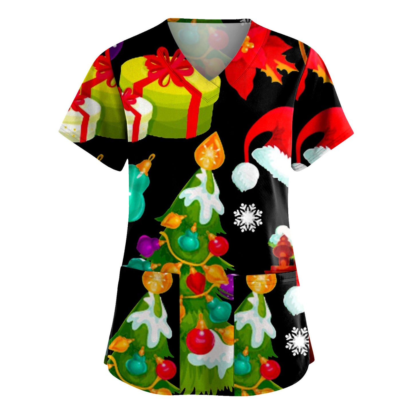Christmas Printed V-neck Pocket Women's Short Sleeve T-shirt Cloth For Nursing Workers