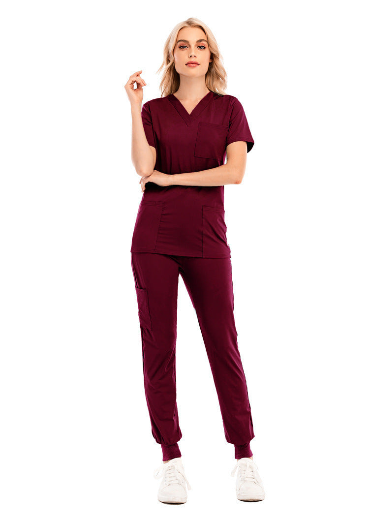 Solid Color V-neck Short-sleeved Pocket Nurse Suit