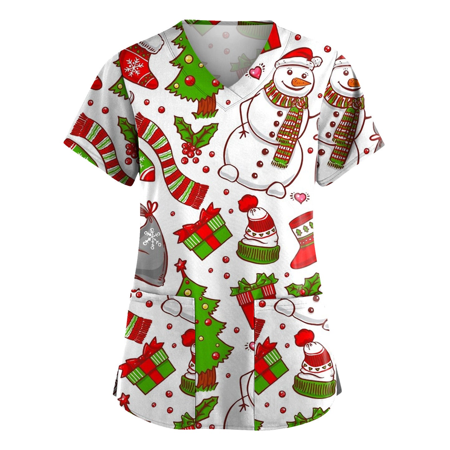 Christmas Printed V-neck Pocket Women's Short Sleeve T-shirt Cloth For Nursing Workers