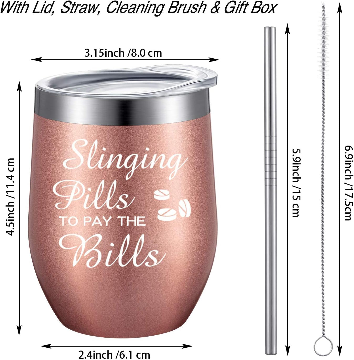 2 Pcs Pharmacy Technician Gifts for Women, Slinging Pills to Pay the Bills 12 Oz Wine Tumbler Pharmacist Graduation Funny Present for Nursing Coworker(Rose Gold)