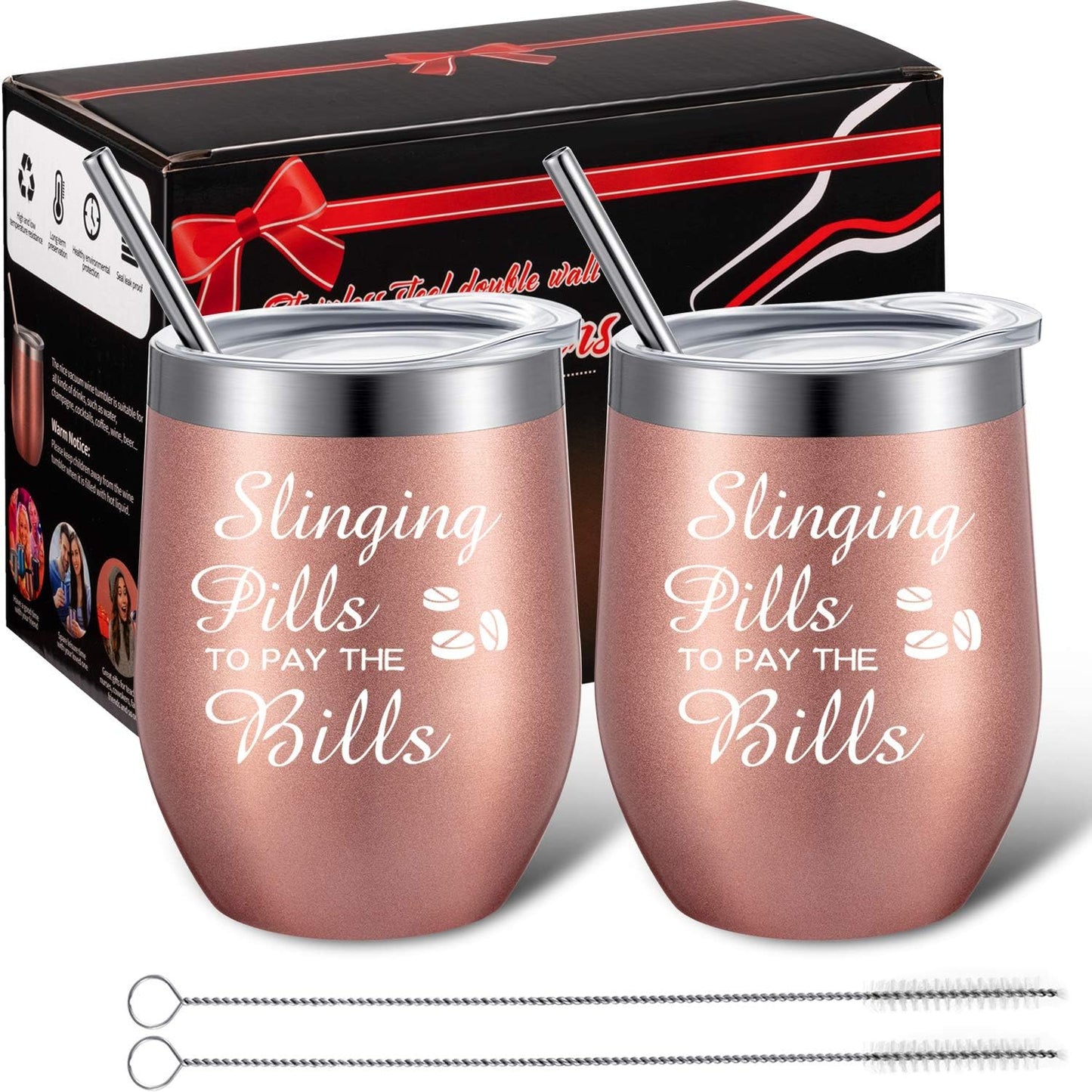 2 Pcs Pharmacy Technician Gifts for Women, Slinging Pills to Pay the Bills 12 Oz Wine Tumbler Pharmacist Graduation Funny Present for Nursing Coworker(Rose Gold)