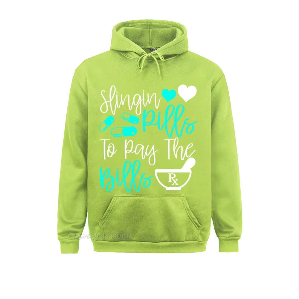 Slinging Pills to Pay the Bills Funny Pharmacist Pharmacy Pullover Hoodie Sweatshirts for Men Slim Fit Hoodies Fashion Hoods