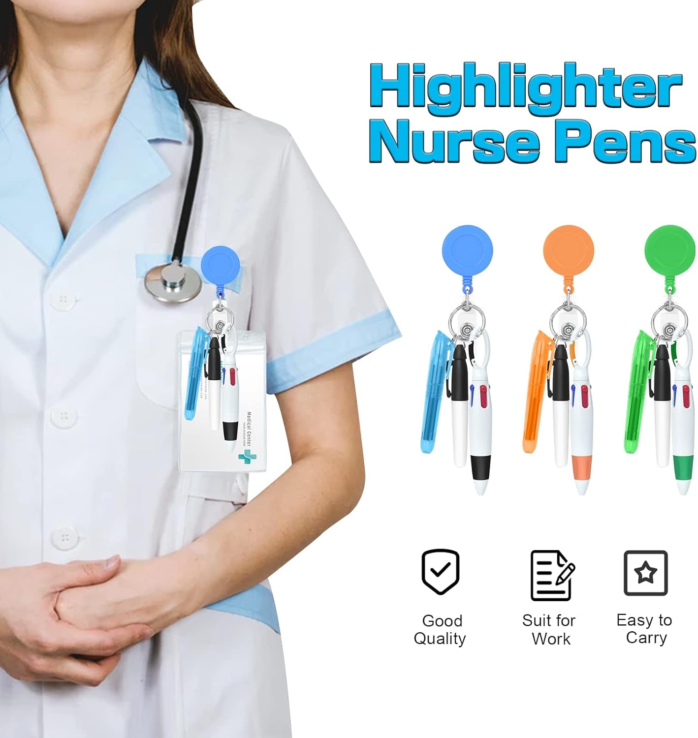 Nurse Pen Set Include 6 Pieces Tip Highlighter 6 Pieces Permanent Marker Pen and 6 Pieces Retractable Ball Pen Pack with 6 Pieces Nurse Badge Clip Retractable ID Name Reels 24 Pieces