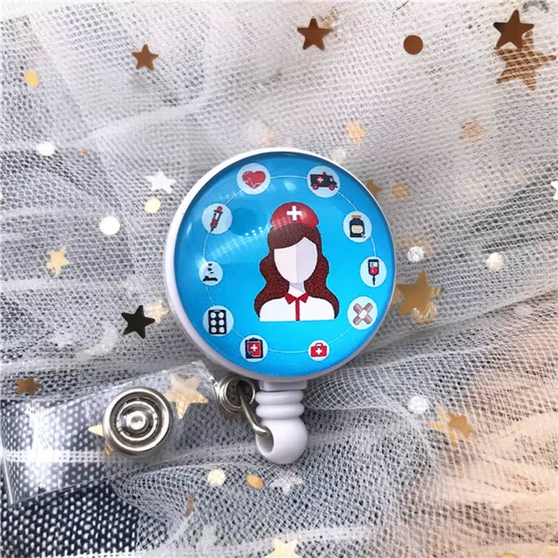 New Design Retractable Nurse Badge Reel Clip Cute Cartoon Pharmacist Heart Stethoscope Doctor Student IC ID Card Badge Holder