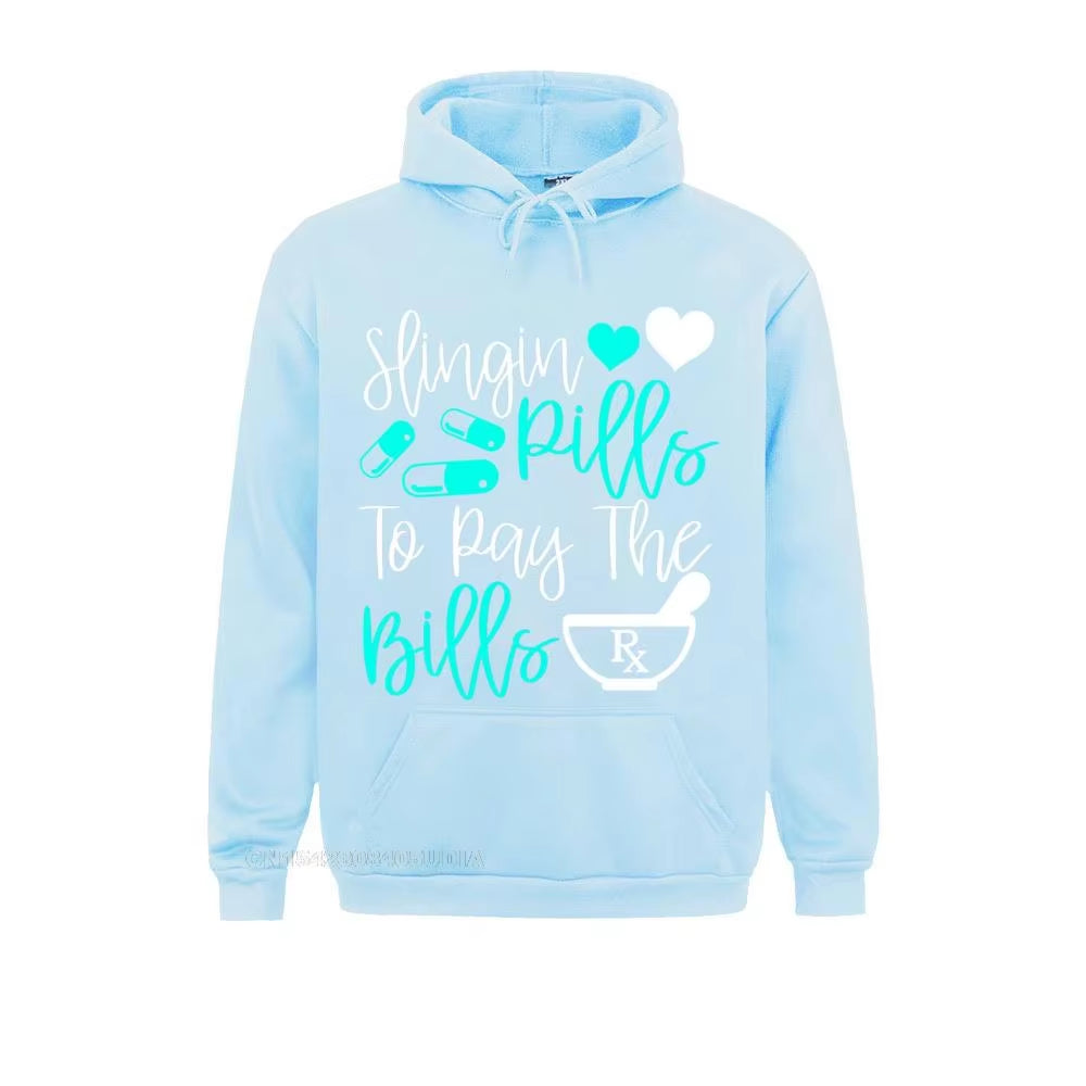 Slinging Pills to Pay the Bills Funny Pharmacist Pharmacy Pullover Hoodie Sweatshirts for Men Slim Fit Hoodies Fashion Hoods