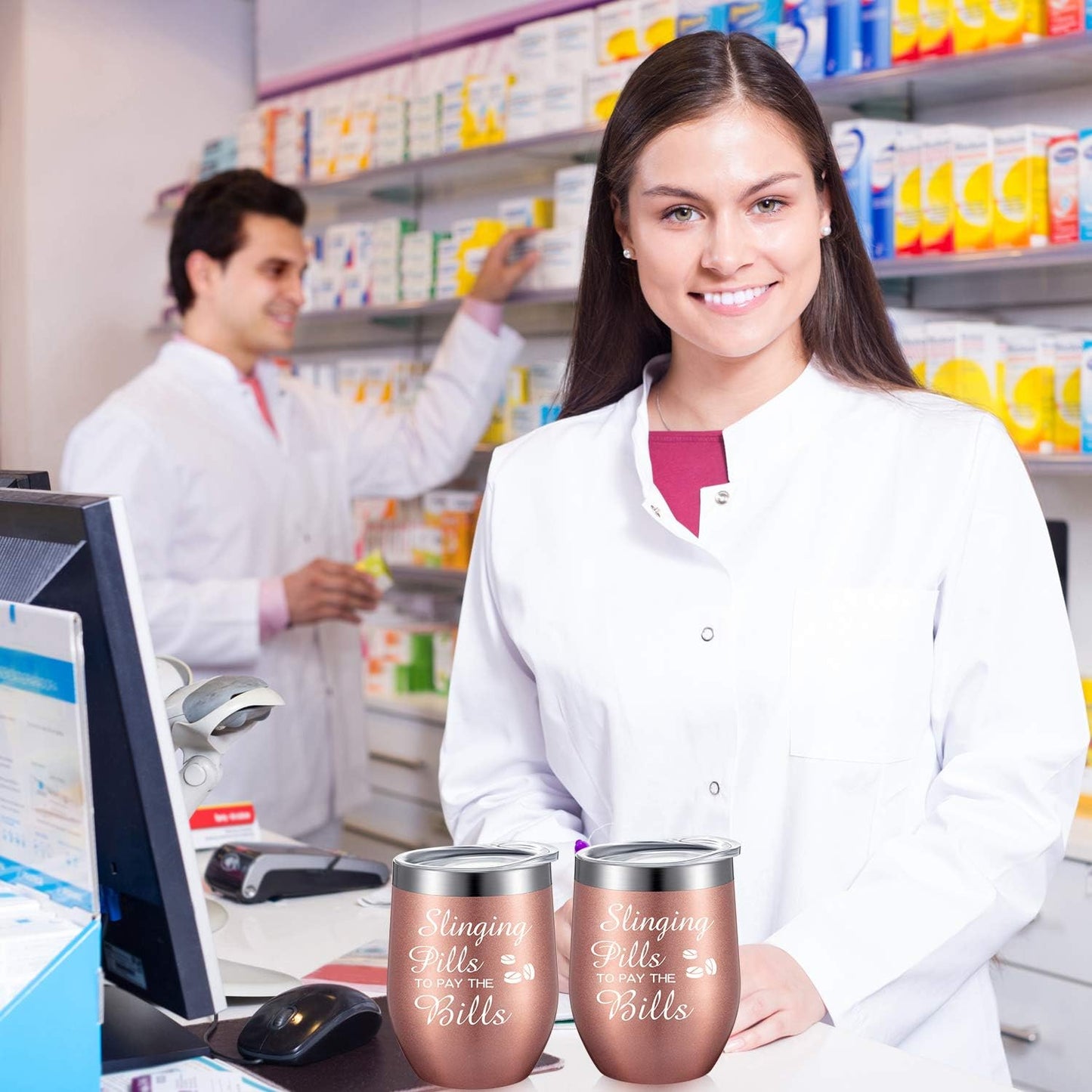 2 Pcs Pharmacy Technician Gifts for Women, Slinging Pills to Pay the Bills 12 Oz Wine Tumbler Pharmacist Graduation Funny Present for Nursing Coworker(Rose Gold)