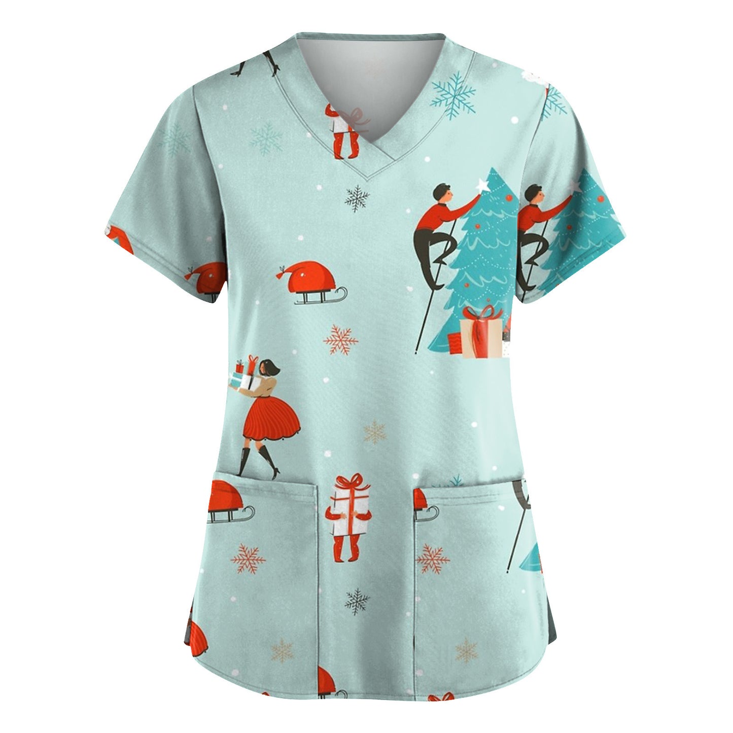 Christmas Printed V-neck Pocket Women's Short Sleeve T-shirt Cloth For Nursing Workers