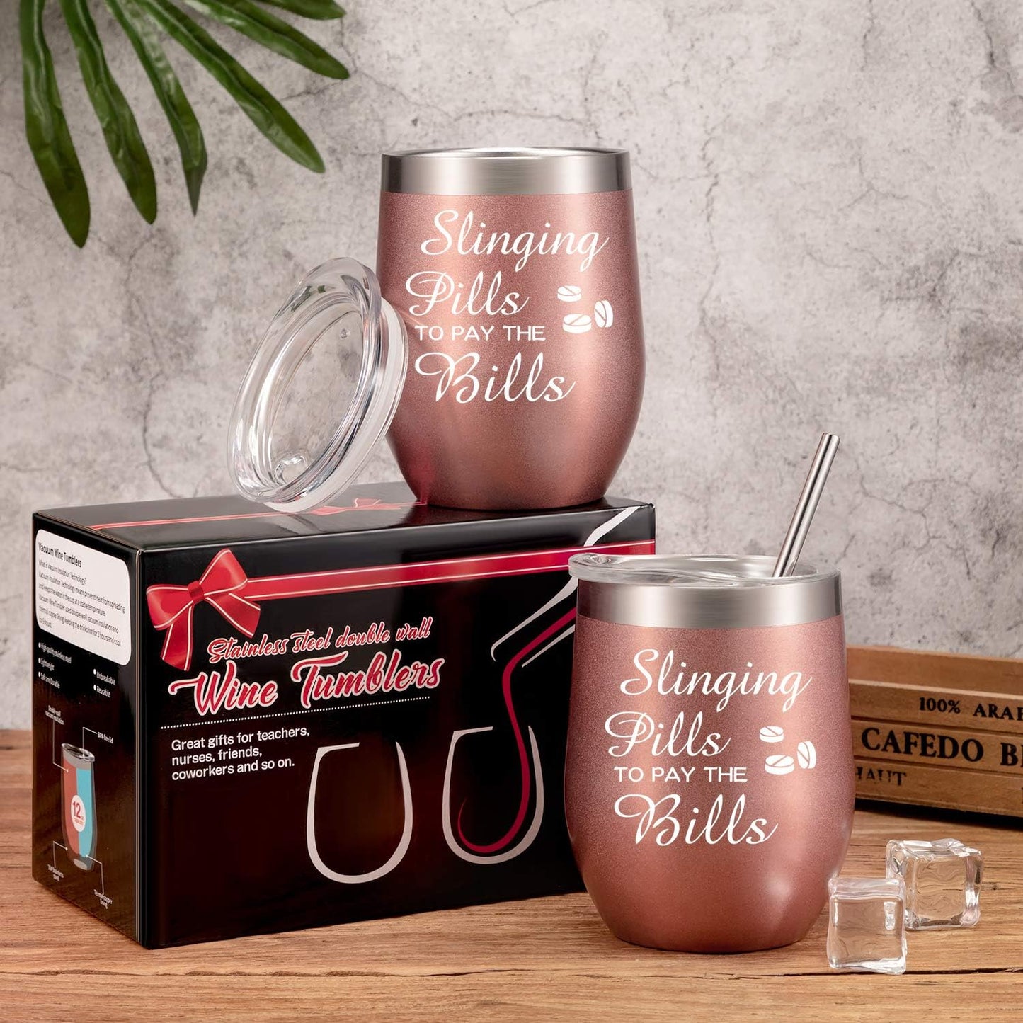 2 Pcs Pharmacy Technician Gifts for Women, Slinging Pills to Pay the Bills 12 Oz Wine Tumbler Pharmacist Graduation Funny Present for Nursing Coworker(Rose Gold)