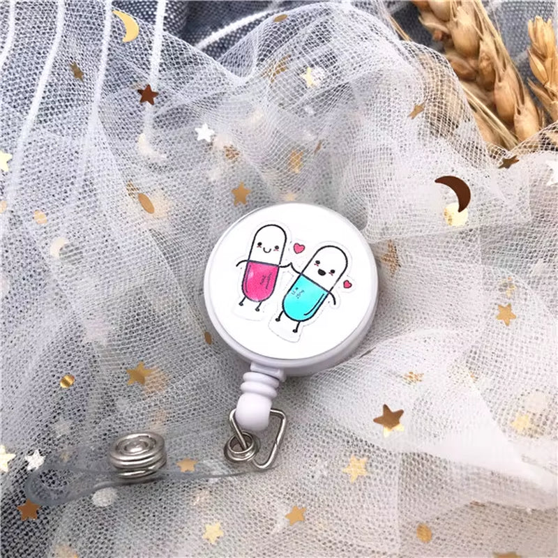 New Design Retractable Nurse Badge Reel Clip Cute Cartoon Pharmacist Heart Stethoscope Doctor Student IC ID Card Badge Holder