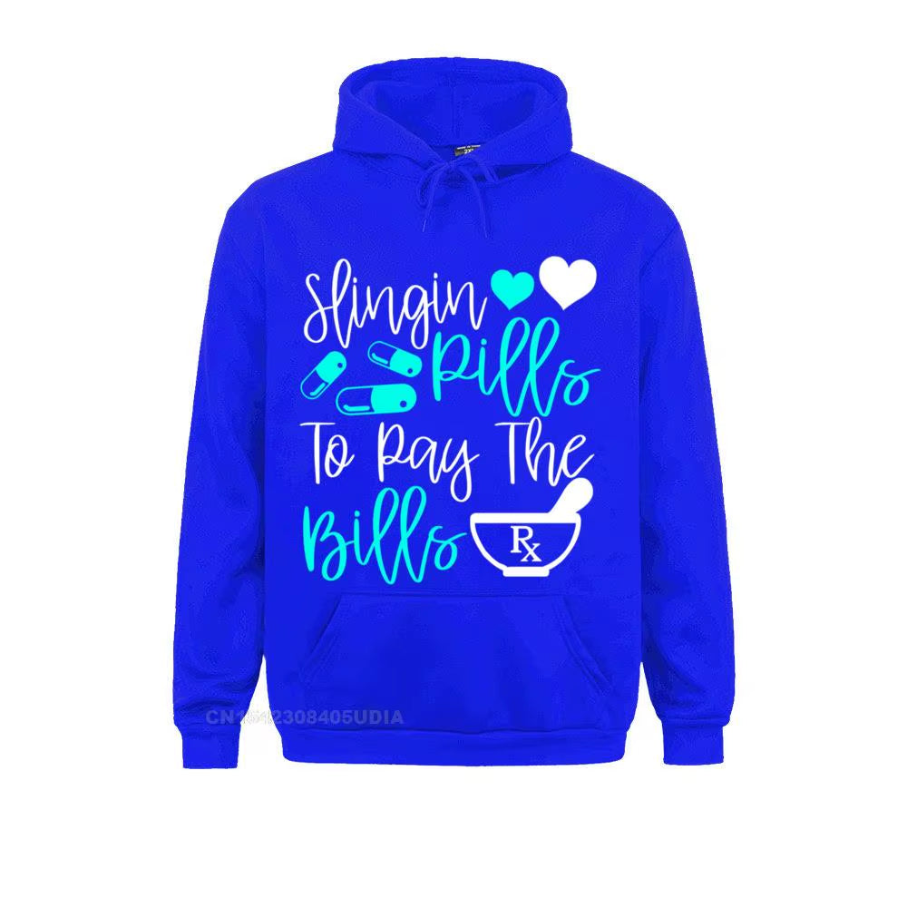 Slinging Pills to Pay the Bills Funny Pharmacist Pharmacy Pullover Hoodie Sweatshirts for Men Slim Fit Hoodies Fashion Hoods