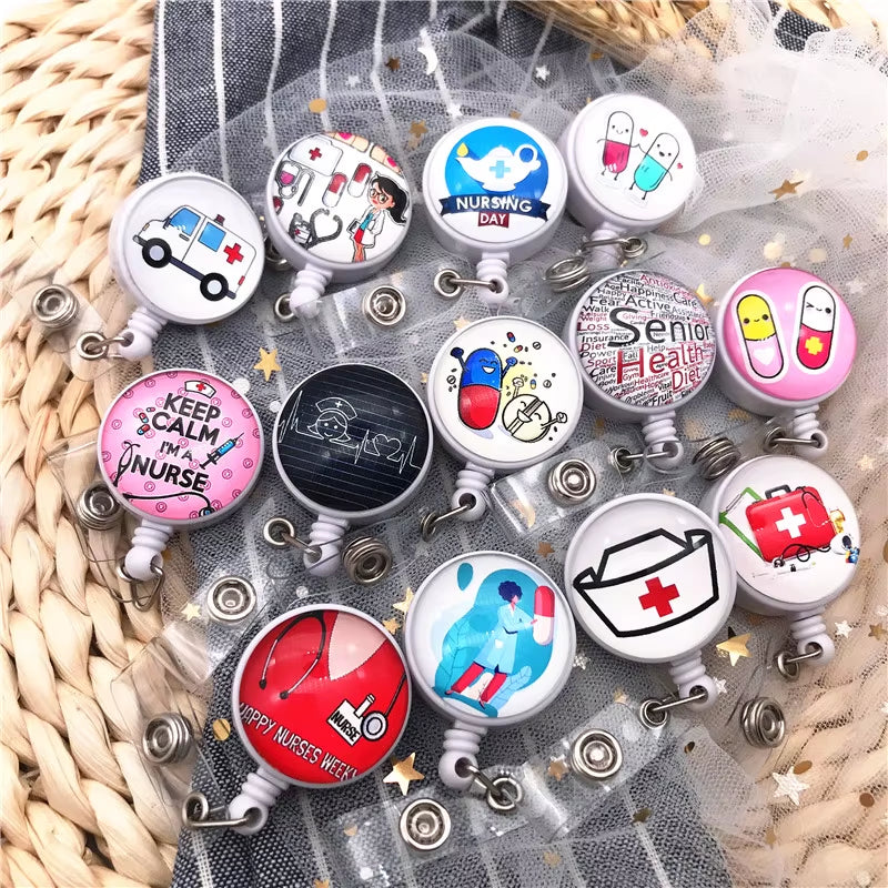 New Design Retractable Nurse Badge Reel Clip Cute Cartoon Pharmacist Heart Stethoscope Doctor Student IC ID Card Badge Holder