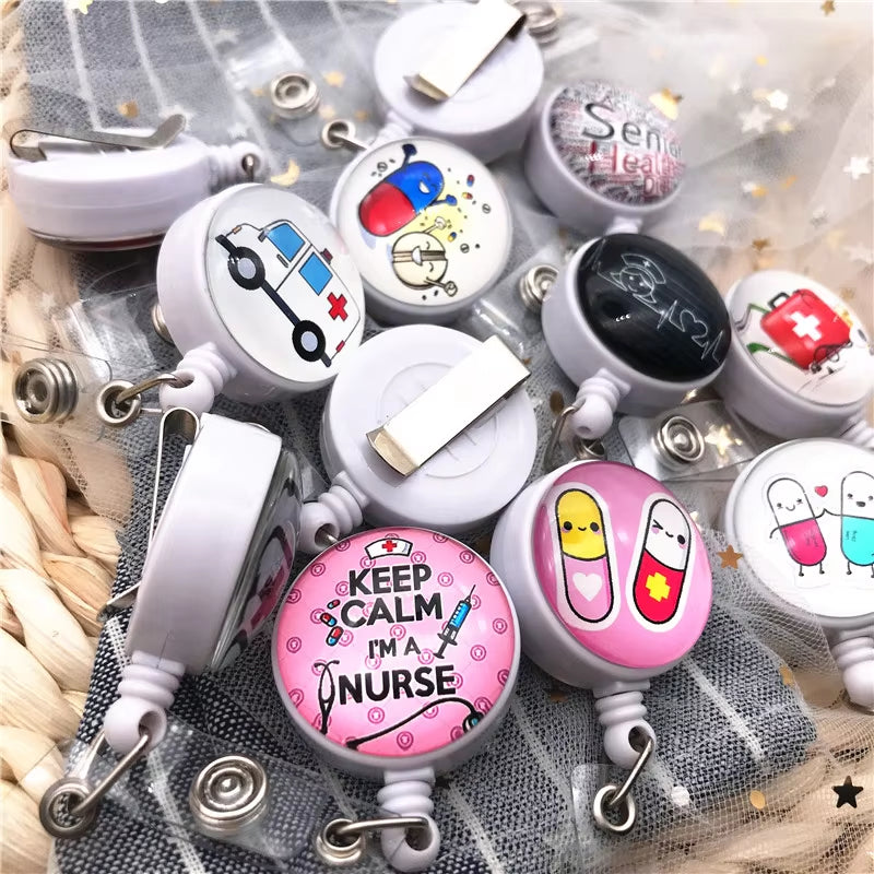 New Design Retractable Nurse Badge Reel Clip Cute Cartoon Pharmacist Heart Stethoscope Doctor Student IC ID Card Badge Holder