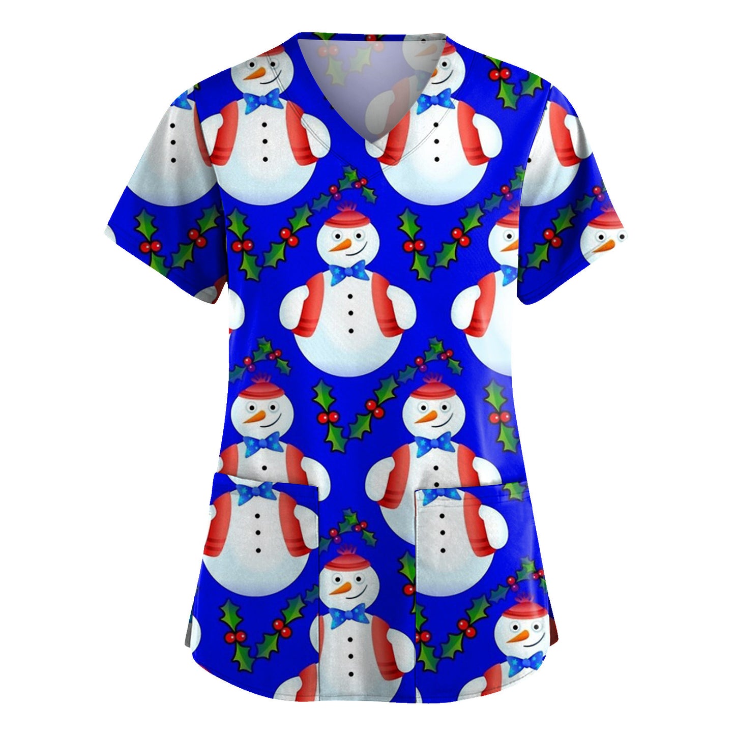 Christmas Printed V-neck Pocket Women's Short Sleeve T-shirt Cloth For Nursing Workers