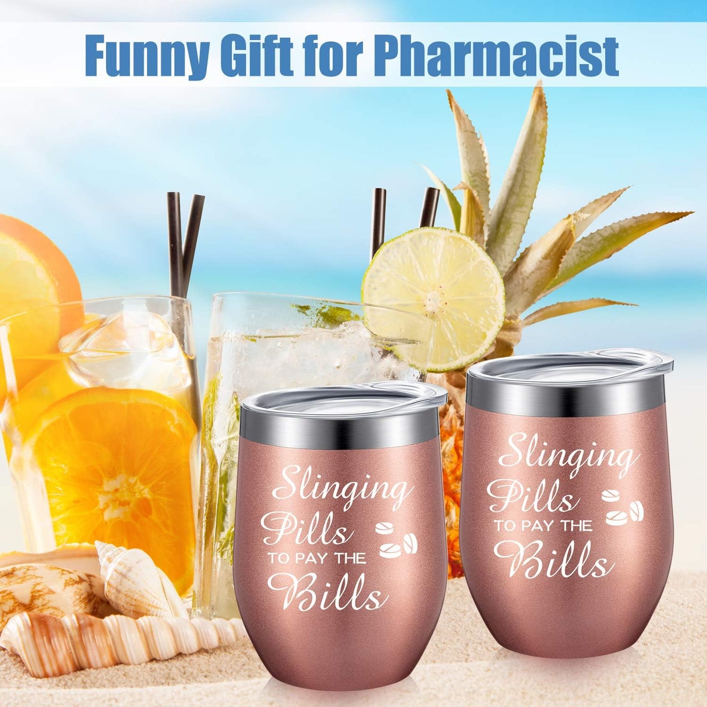 2 Pcs Pharmacy Technician Gifts for Women, Slinging Pills to Pay the Bills 12 Oz Wine Tumbler Pharmacist Graduation Funny Present for Nursing Coworker(Rose Gold)