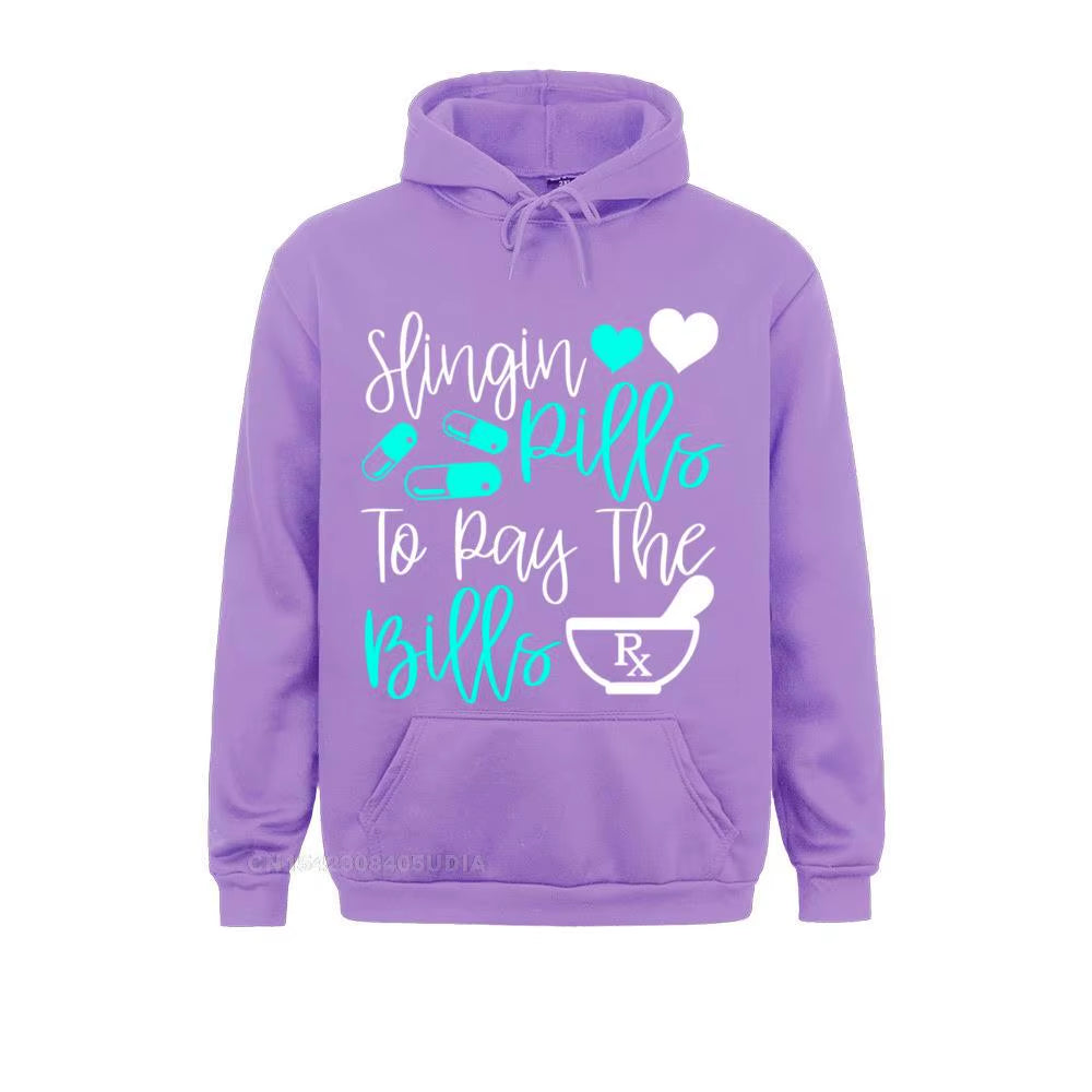 Slinging Pills to Pay the Bills Funny Pharmacist Pharmacy Pullover Hoodie Sweatshirts for Men Slim Fit Hoodies Fashion Hoods