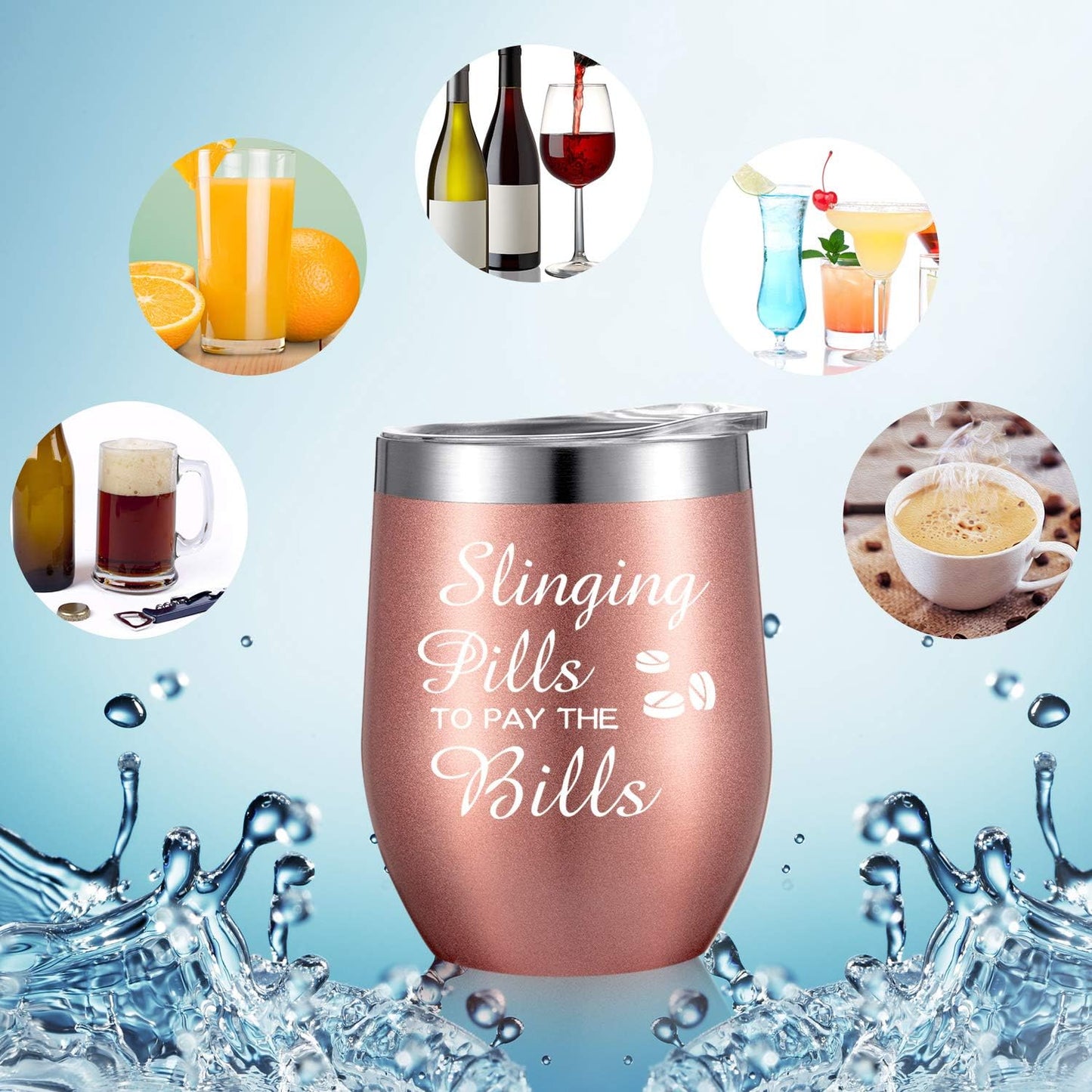 2 Pcs Pharmacy Technician Gifts for Women, Slinging Pills to Pay the Bills 12 Oz Wine Tumbler Pharmacist Graduation Funny Present for Nursing Coworker(Rose Gold)