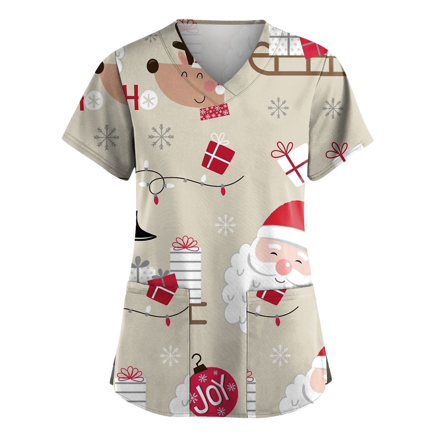 Christmas Printed V-neck Pocket Women's Short Sleeve T-shirt Cloth For Nursing Workers
