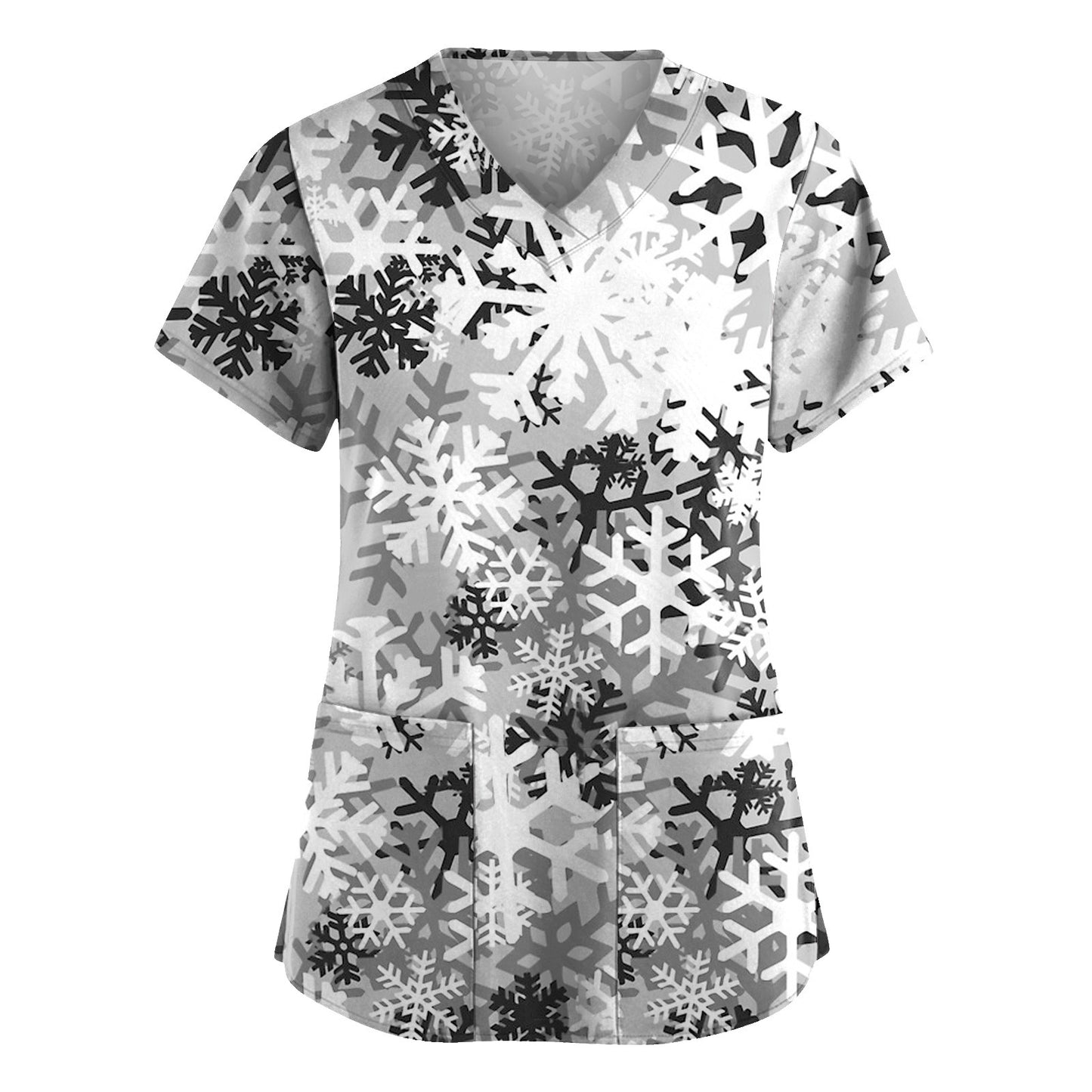 Christmas Printed V-neck Pocket Women's Short Sleeve T-shirt Cloth For Nursing Workers