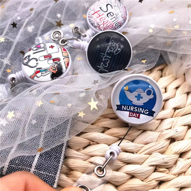 New Design Retractable Nurse Badge Reel Clip Cute Cartoon Pharmacist Heart Stethoscope Doctor Student IC ID Card Badge Holder