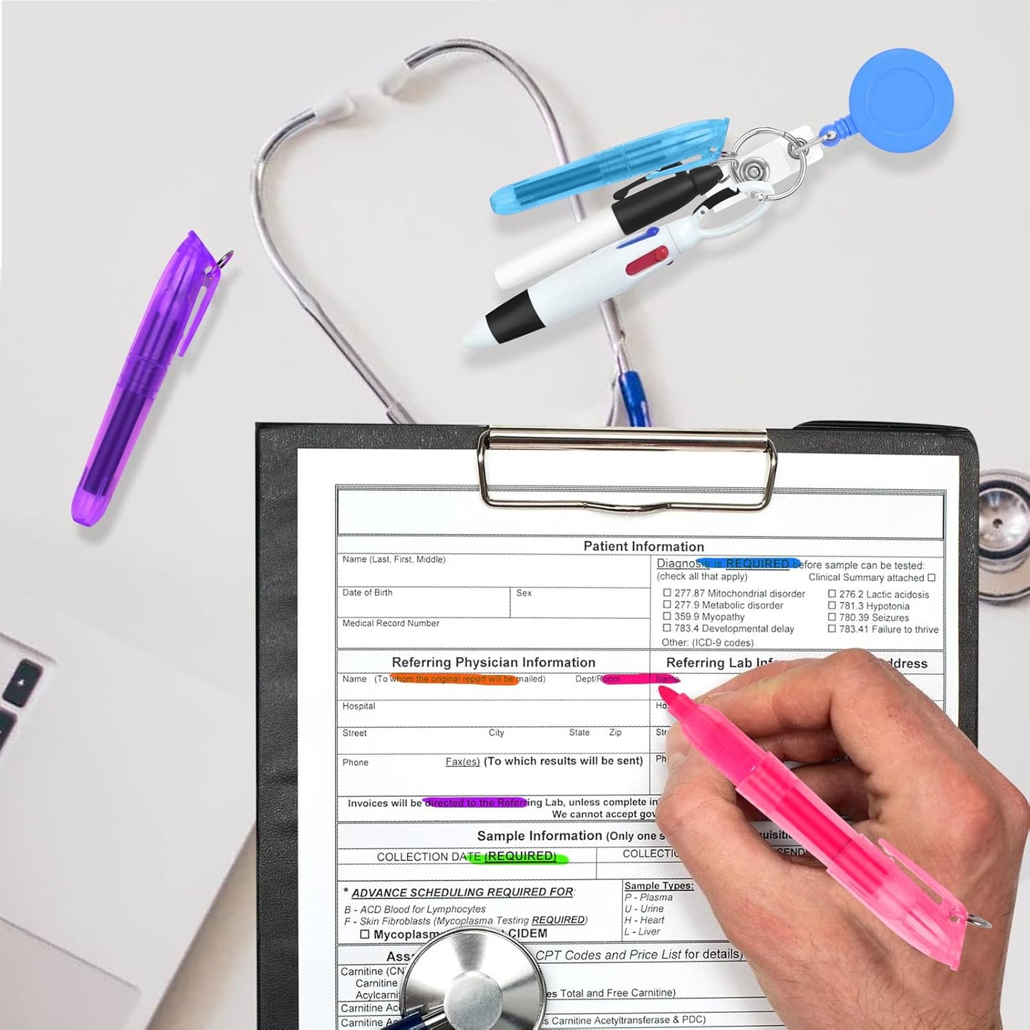 Nurse Pen Set Include 6 Pieces Tip Highlighter 6 Pieces Permanent Marker Pen and 6 Pieces Retractable Ball Pen Pack with 6 Pieces Nurse Badge Clip Retractable ID Name Reels 24 Pieces