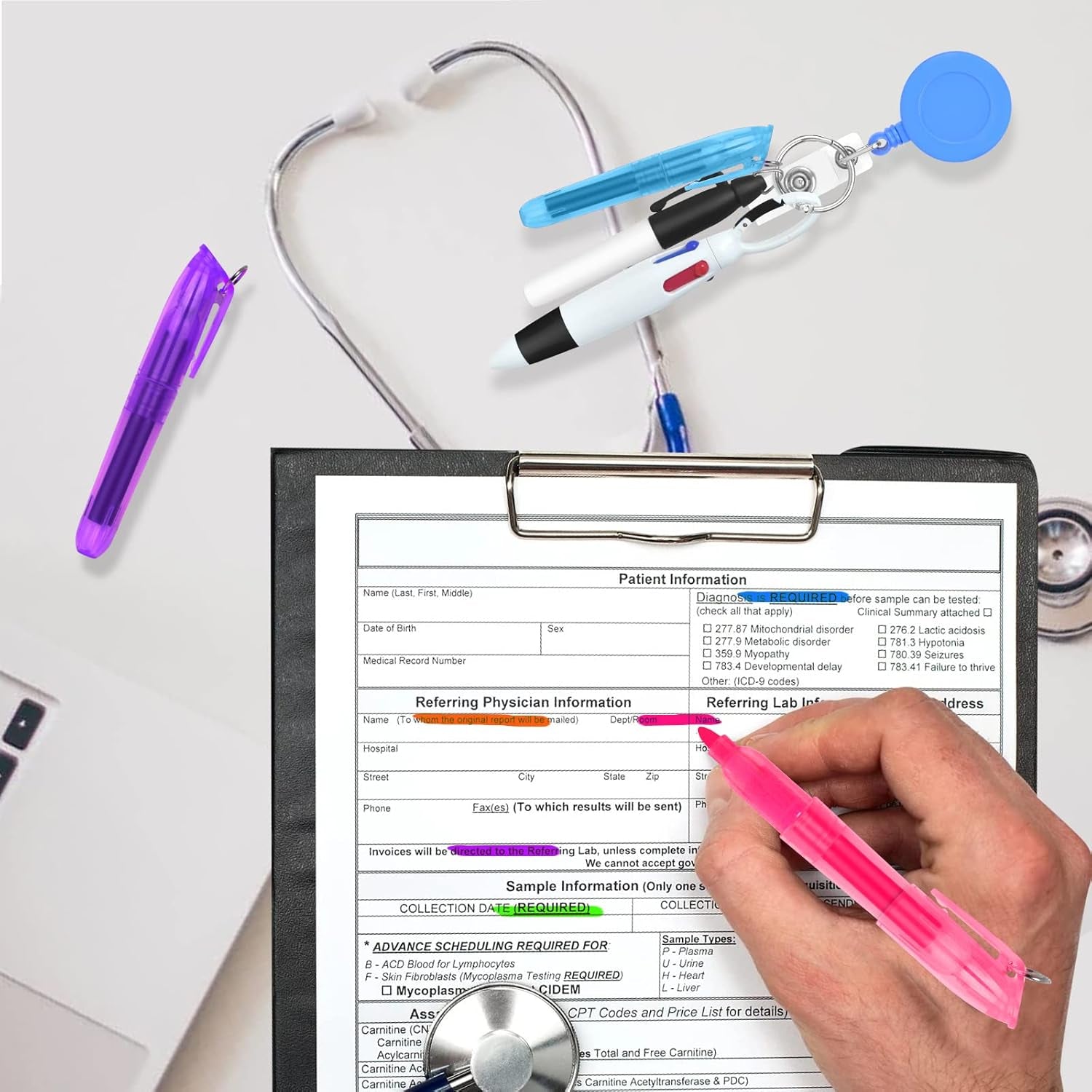 Nurse Pen Set Include 6 Pieces Tip Highlighter 6 Pieces Permanent Marker Pen and 6 Pieces Retractable Ball Pen Pack with 6 Pieces Nurse Badge Clip Retractable ID Name Reels 24 Pieces