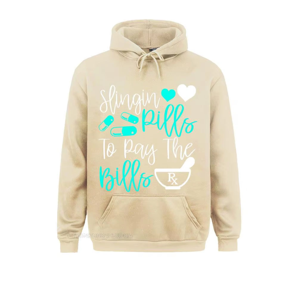 Slinging Pills to Pay the Bills Funny Pharmacist Pharmacy Pullover Hoodie Sweatshirts for Men Slim Fit Hoodies Fashion Hoods