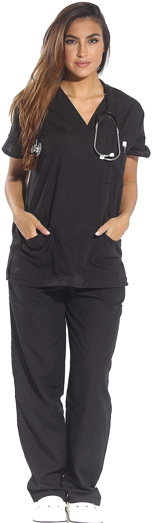Women'S Medical Scrubs - Six Pocket Set with Comfortable V-Neck and Cargo Pant (Black, Medium)