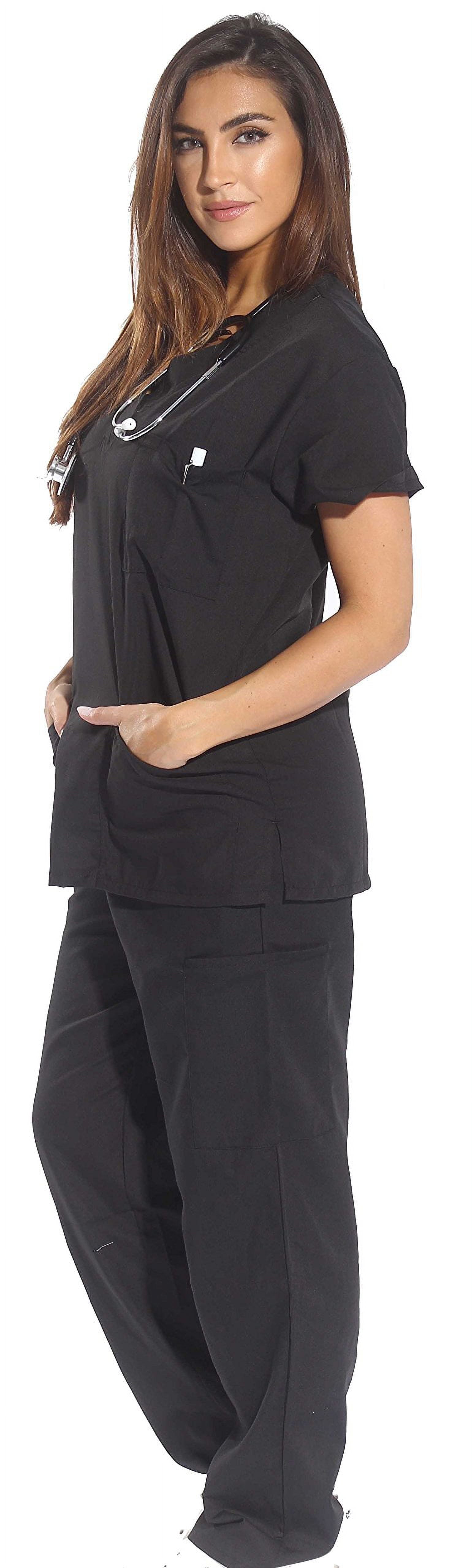 Women'S Medical Scrubs - Six Pocket Set with Comfortable V-Neck and Cargo Pant (Black, Medium)