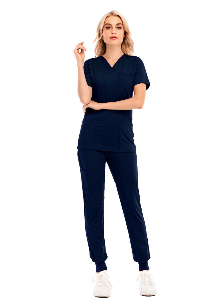 Solid Color V-neck Short-sleeved Pocket Nurse Suit