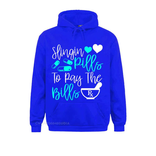 Slinging Pills to Pay the Bills Funny Pharmacist Pharmacy Pullover Hoodie Sweatshirts for Men Slim Fit Hoodies Fashion Hoods